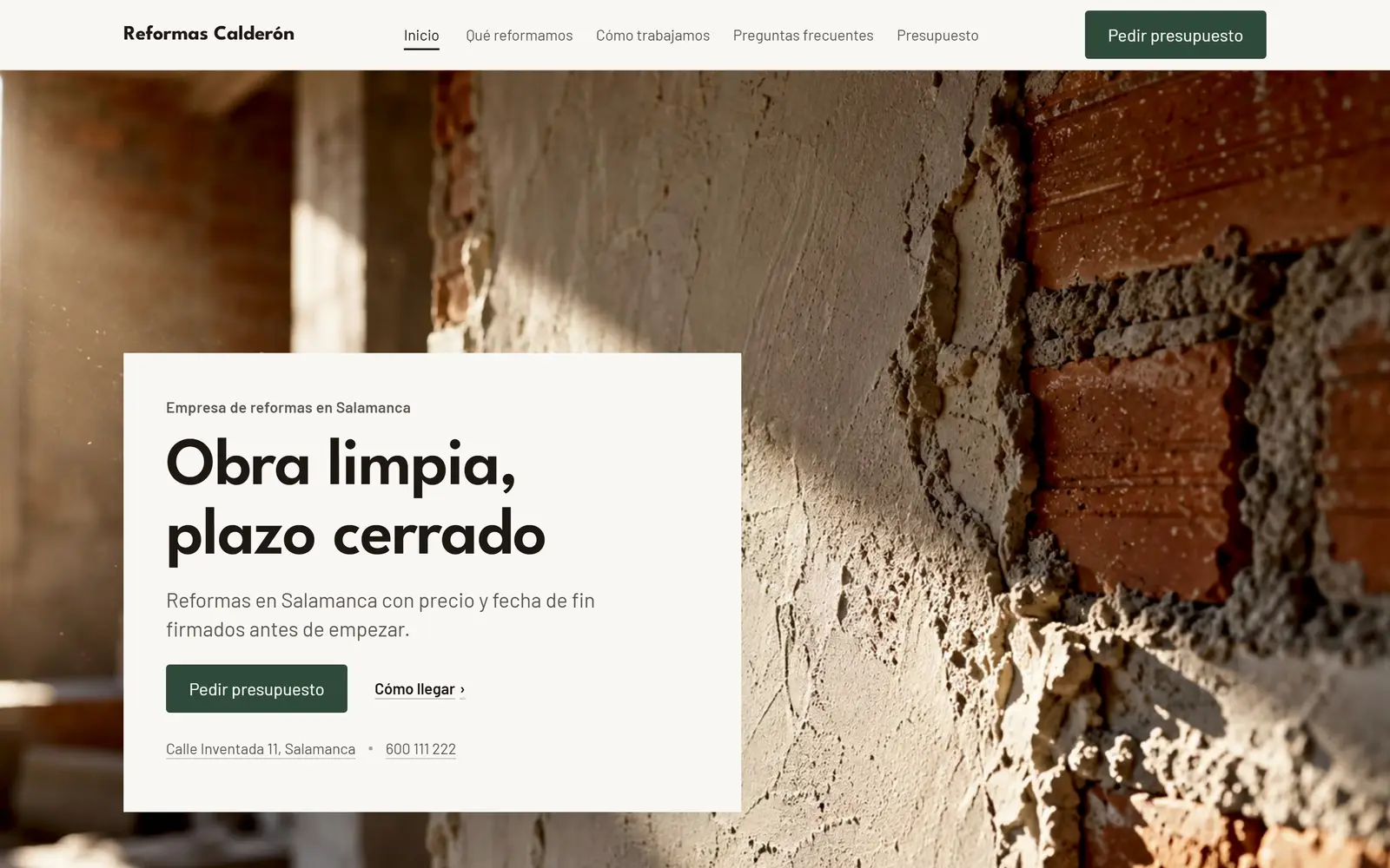 La portada de la web de muestra de Reformas Calderón, reformas en Salamanca.