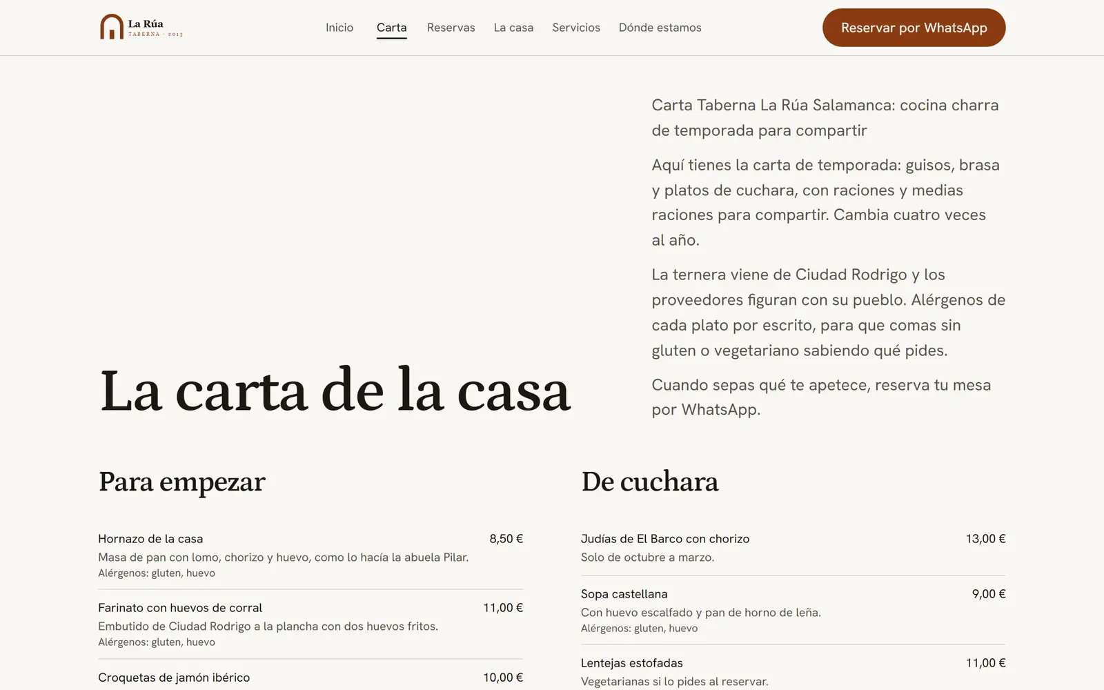 La carta de la web de muestra de Taberna La Rúa, restaurante en Salamanca.